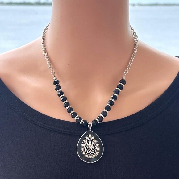 Statement Necklace Black Enamel Beaded - Picture 1 of 2